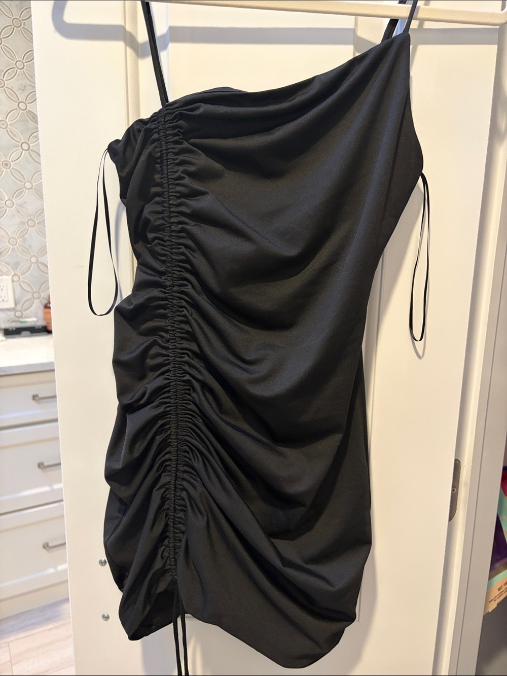 Black Ruched Slanted Shoulder Sexy Women’s Dress